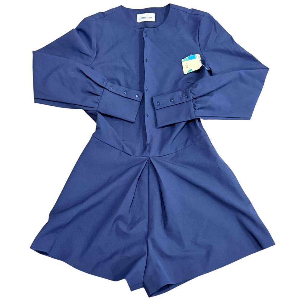 Line + Dot Navy Blue Long Sleeve Mini Dress with Pleated Skirt and High Cuffs